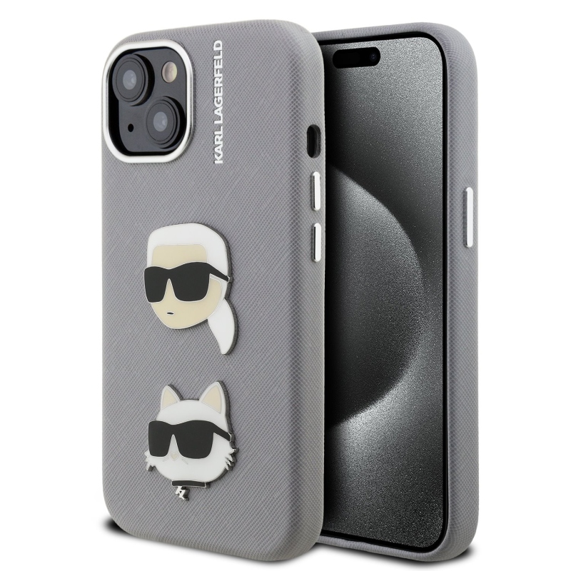 Karl Lagerfeld szemcsés PU K&CH Heads hátlap iPhone 15 szürke készülékhez