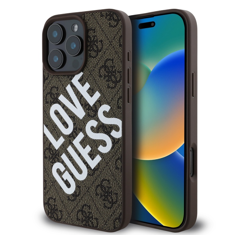Guess PU bőr 4G Big Love Logo MagSafe hátlap az iPhone 16 Pro Max barna színű hátlapjához
