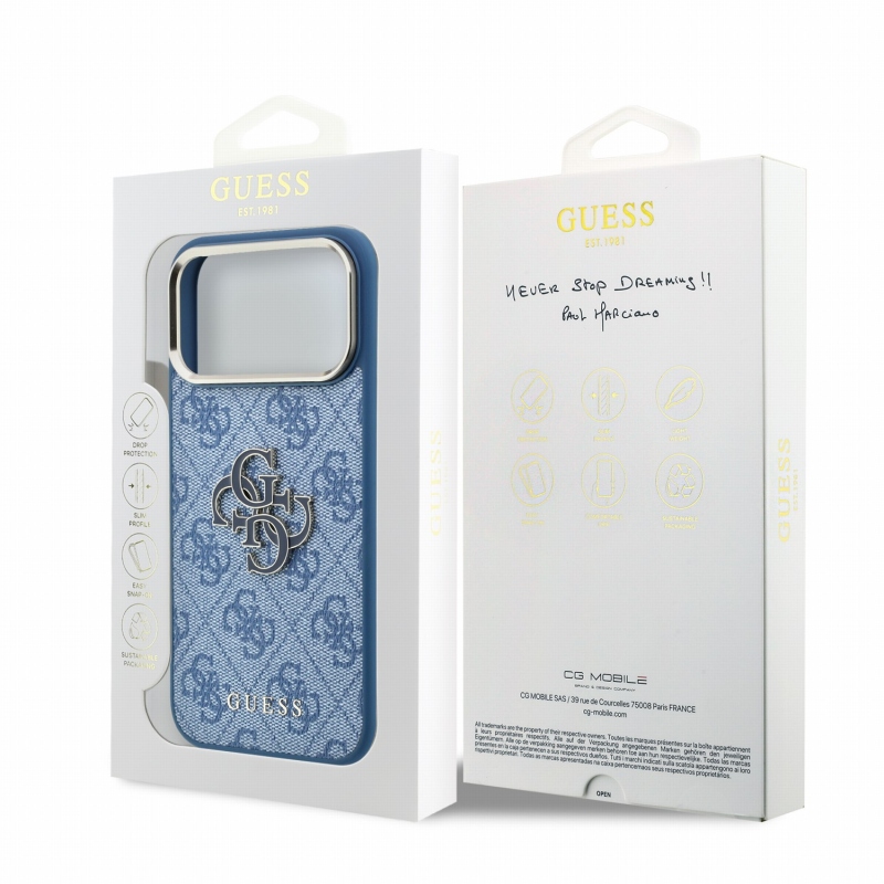 Guess PU 4G Resin Metal Logo hátsó tok iPhone 18 Pro-hoz, kék