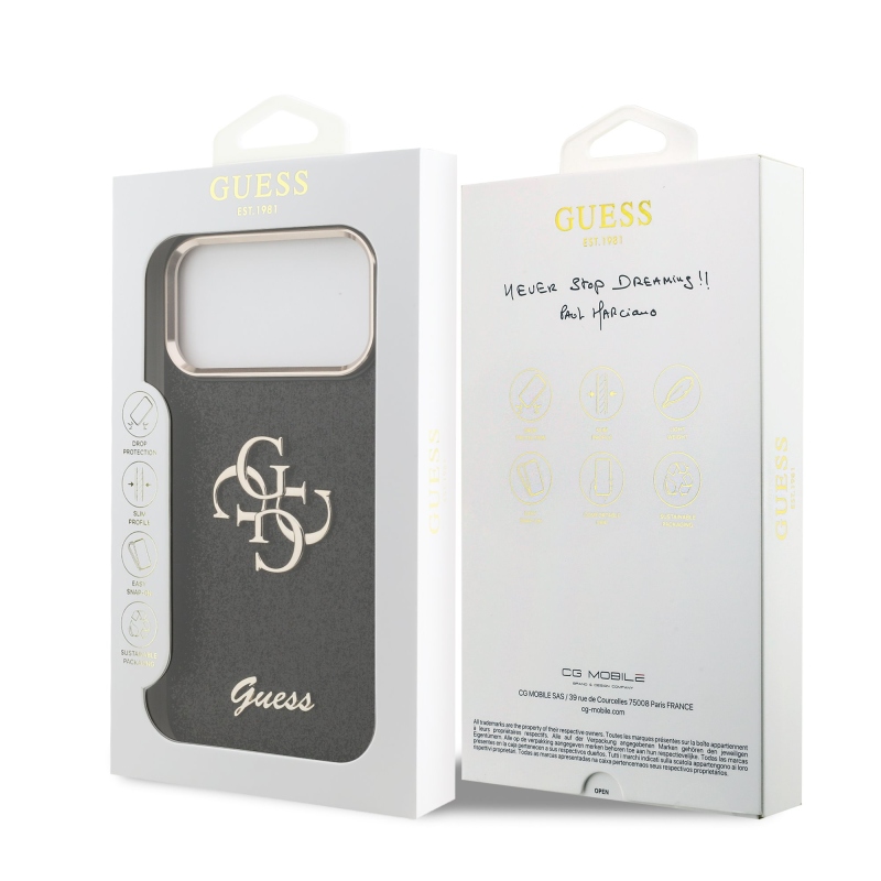 Guess PU Fixed Glitter 4G fémkeret hátsó borító iPhone 17 Pro Max-hoz fekete