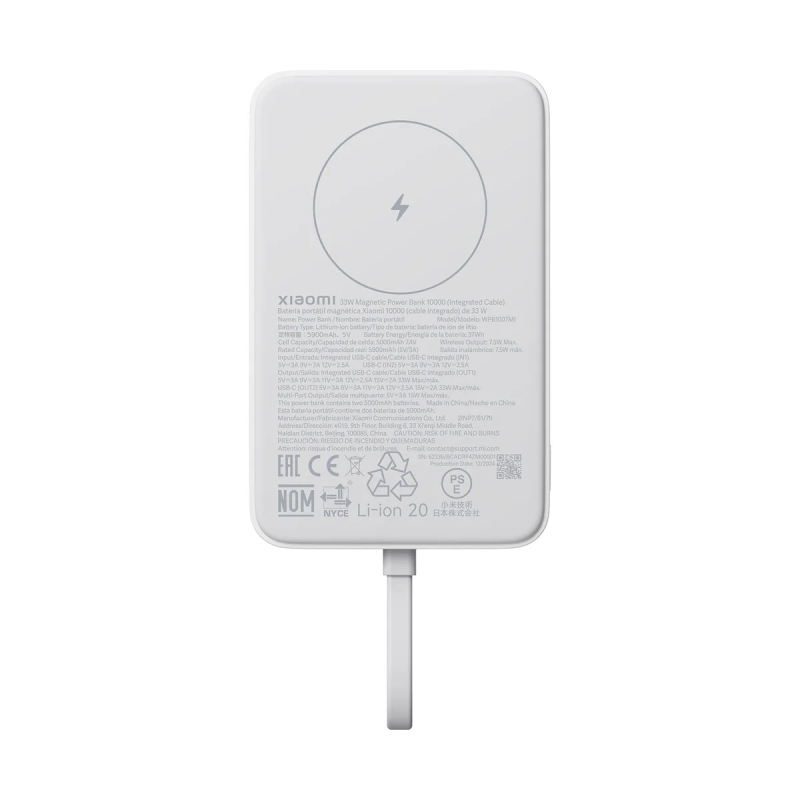 Xiaomi mágneses Powerbank 33W 10000mAh integrált USB-C kábellel Fehér