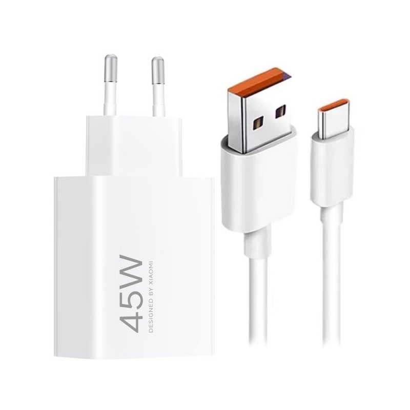 Xiaomi MDY-17-EF USB-A 45W-os utazási töltő + USB-C 6A adatkábel fehér (ömlesztett)