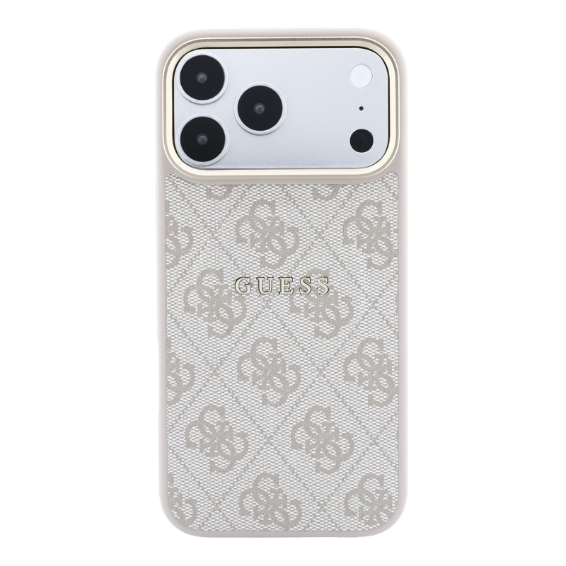 Guess PU bőr 4G aranykeretes, dombornyomott MagSafe hátsó tok iPhone 18 Pro-hoz, rózsaszín
