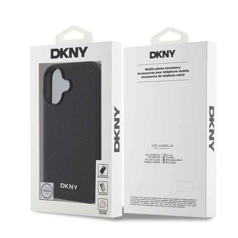 DKNY PU bőr ezüst fém logó Magsafe hátlap iPhone 16-hoz Fekete