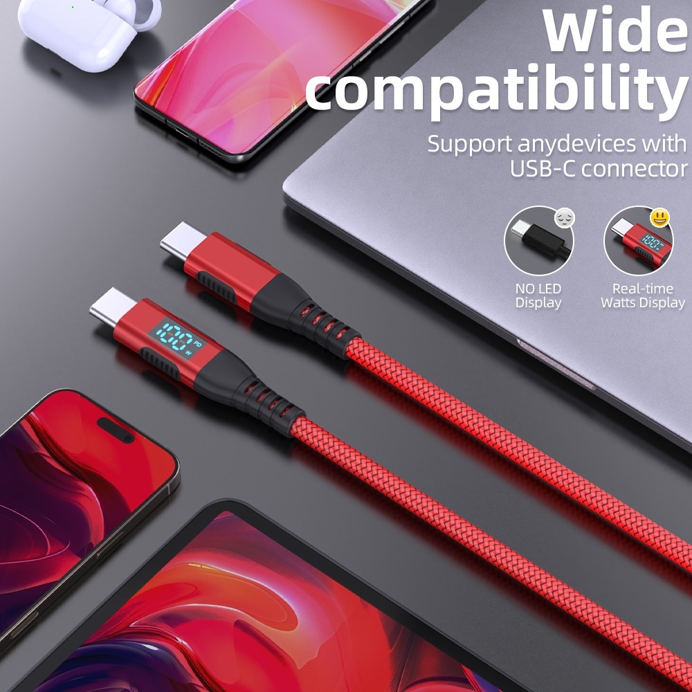 Nejlon USB-C / USB-C kijelzőkábellel 1m 100W - piros