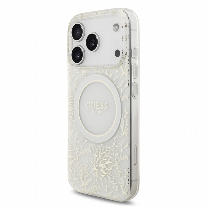 Guess IML Flowers Allover Strap MagSafe hátsó tok iPhone 18 Pro-hoz, fehér