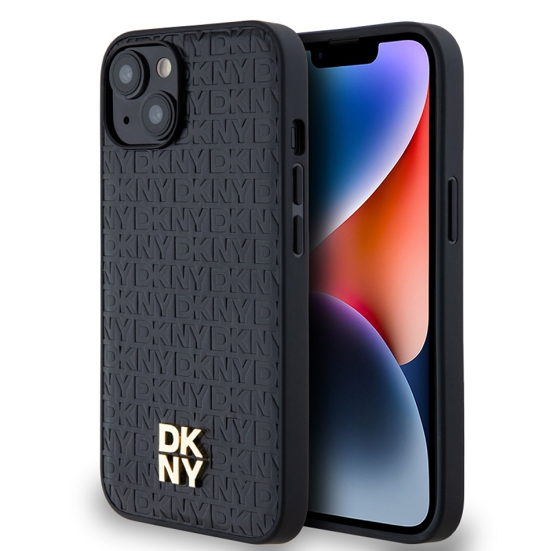DKNY PU bőr Ismétlődő mintás Stack Logo Magsafe hátlap iPhone 15 Fekete