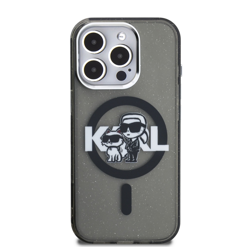 Karl Lagerfeld IML Glitter Karl és Choupette Sketch MagSafe hátlap iPhone 15 Pro Max-hoz Fekete