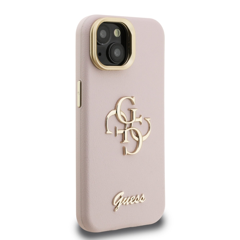 Guess PU szemcsés 4G Logo Stand Kamera keret hátlapi borító iPhone 15 rózsaszínhez