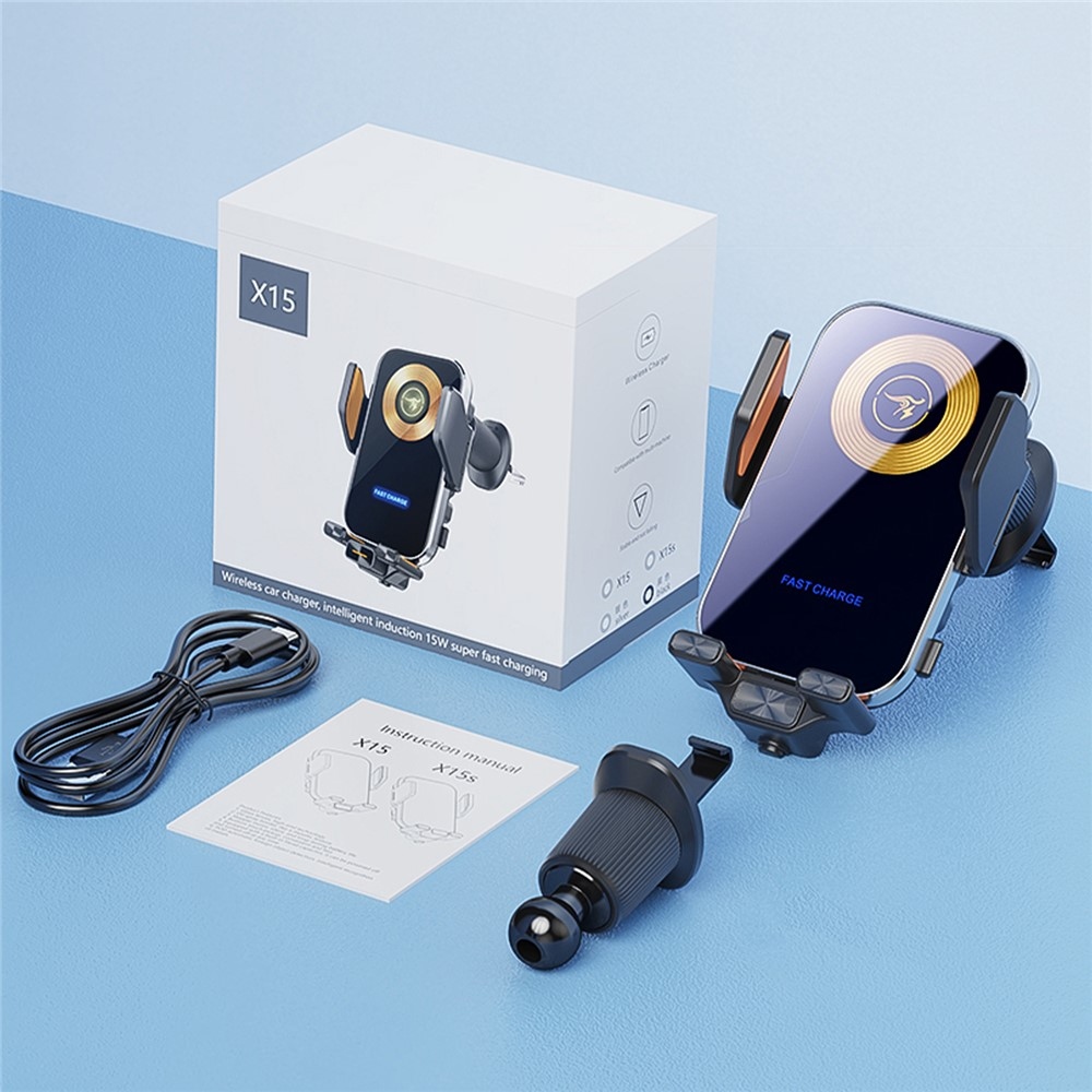 X15 vezeték nélküli autós töltő szellőzőtartóval 15 W - ezüstmetál