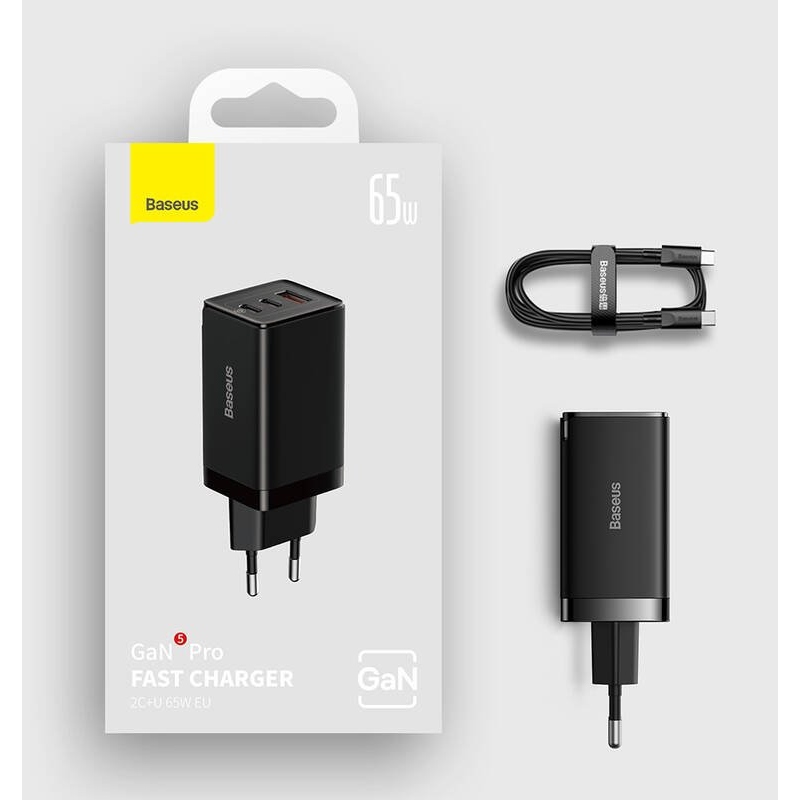 Baseus CCGP120201 GaN5 Pro gyors töltő USB-A + 2x USB-C 65 W, fekete
