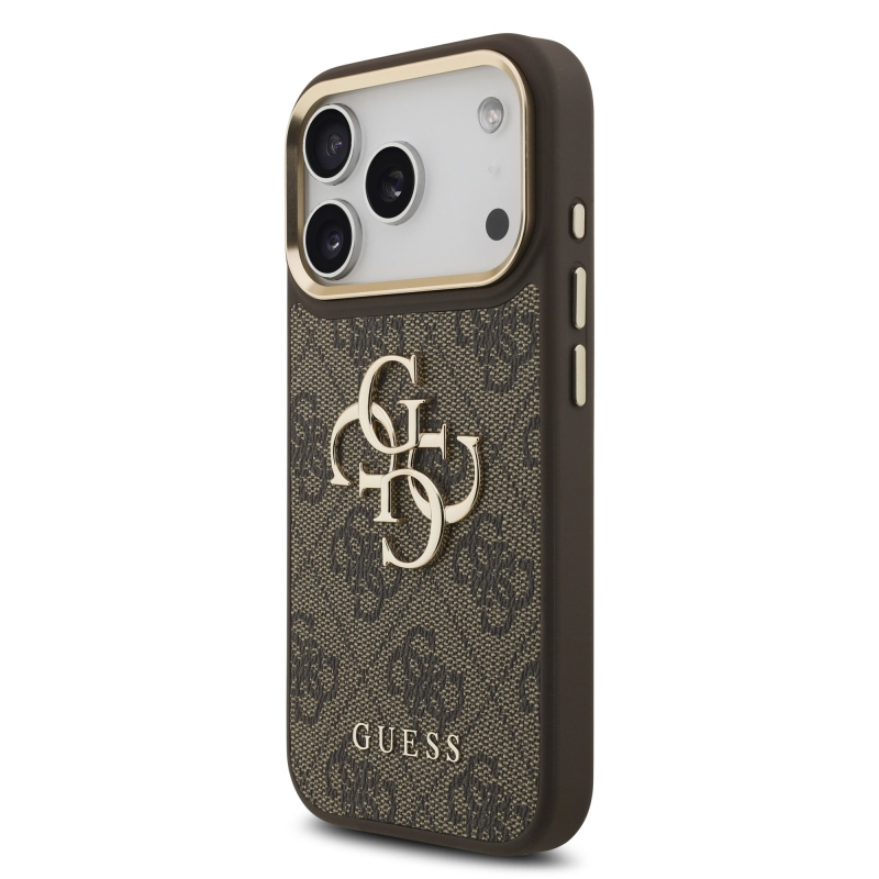 Guess PU bőr 4G fém logóval és arany kerettel ellátott hátsó tok iPhone 18 Pro-hoz, barna