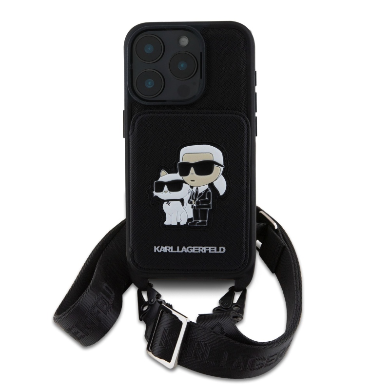 Karl Lagerfeld Saffiano válltáska pánttal, Karl és Choupette mintával, iPhone 16 Pro Max tok, fekete