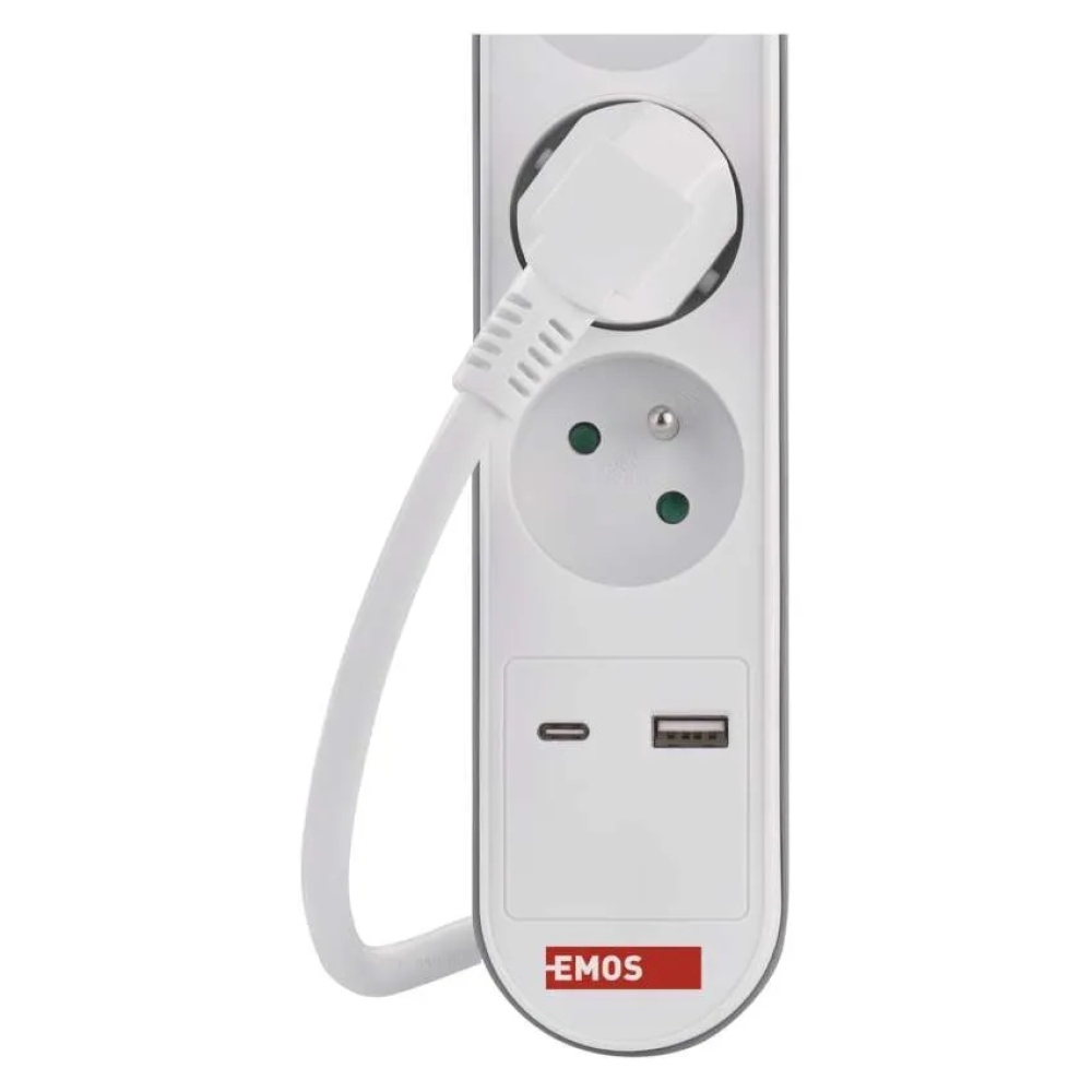 Hosszabbító kábel 3 m / 5 aljzat / kapcsolóval / fehér / 1×USB-A + 1×USB-C / 1,5 mm2