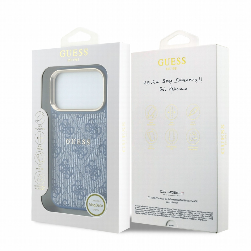 Guess PU bőr 4G aranykeretes, dombornyomott MagSafe hátsó tok iPhone 18 Pro-hoz, kék