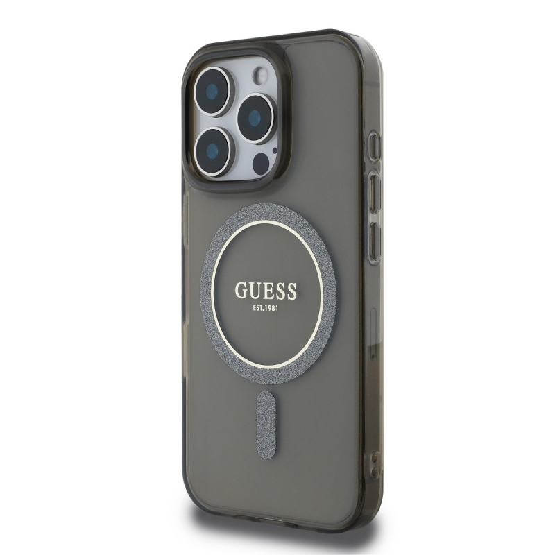 Guess IML Glitter Ring MagSafe hátlap iPhone 16 Pro Fekete