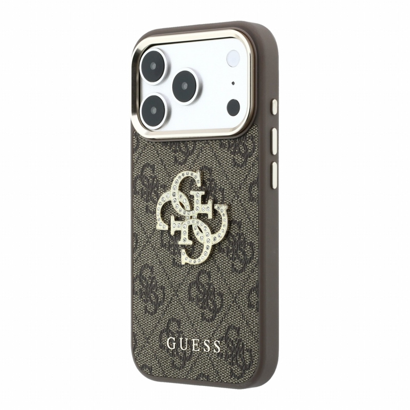 Guess PU 4G Strass Metal Logo hátsó tok iPhone 18 Pro-hoz, barna