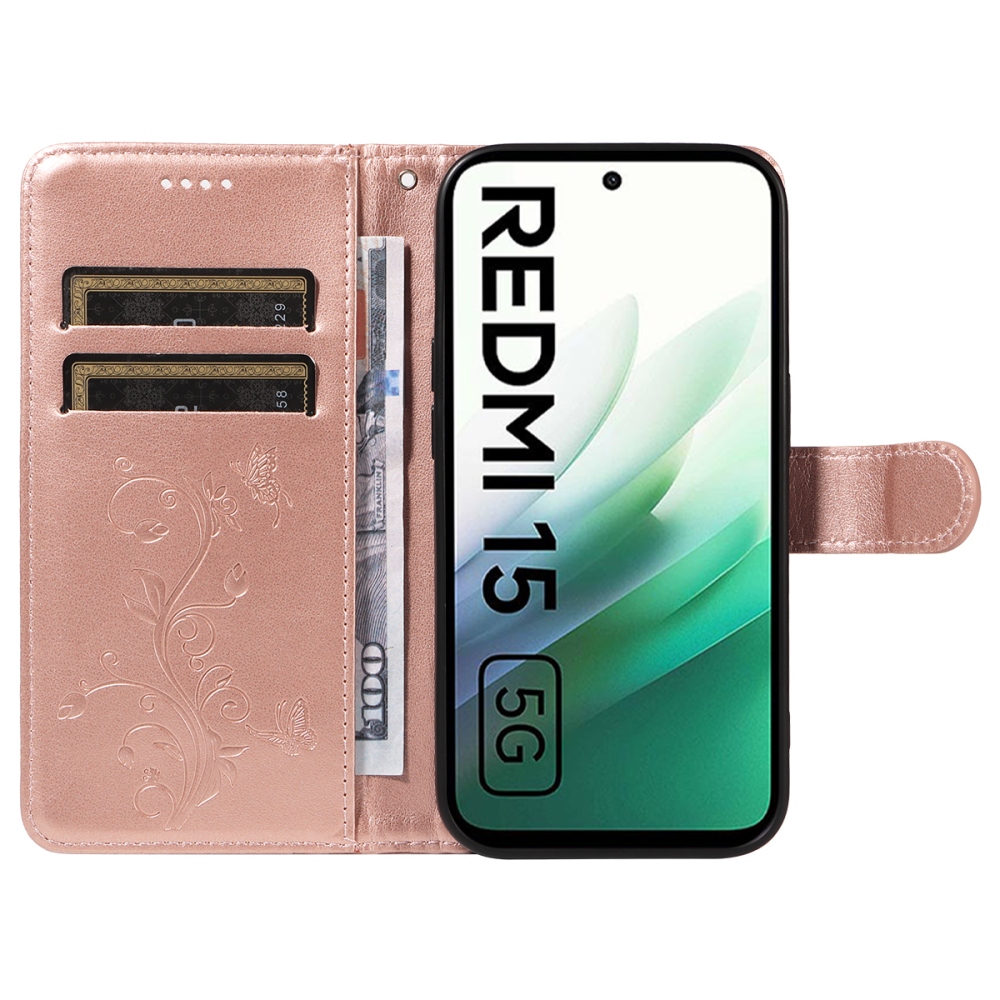 Virágok könyv tok Xiaomi Redmi 15 5G (169mm) - rózsa arany
