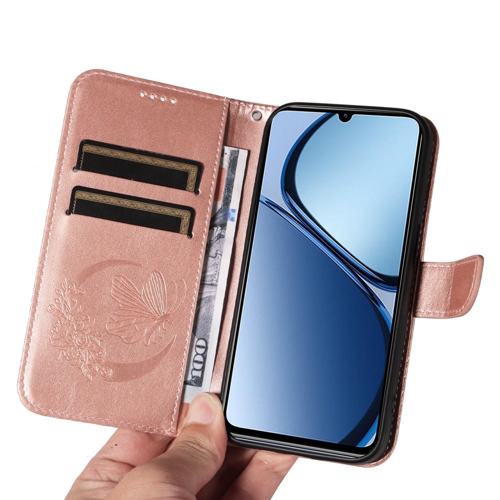 Virágos pillangó könyvtáska Realme C61/C63 készülékhez - rózsaarany