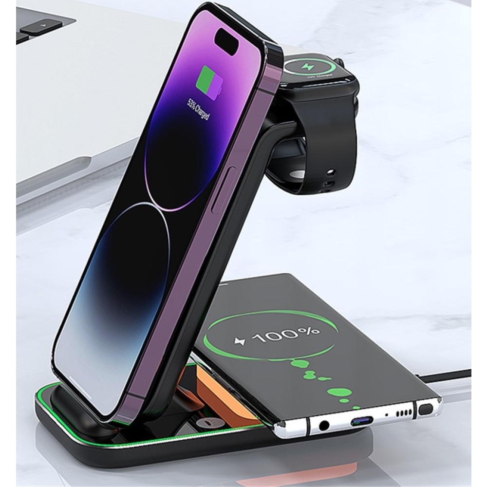 YF-A6 3 az 1-ben 15 W-os vezeték nélküli töltőállomás éjszakai fénnyel - fekete