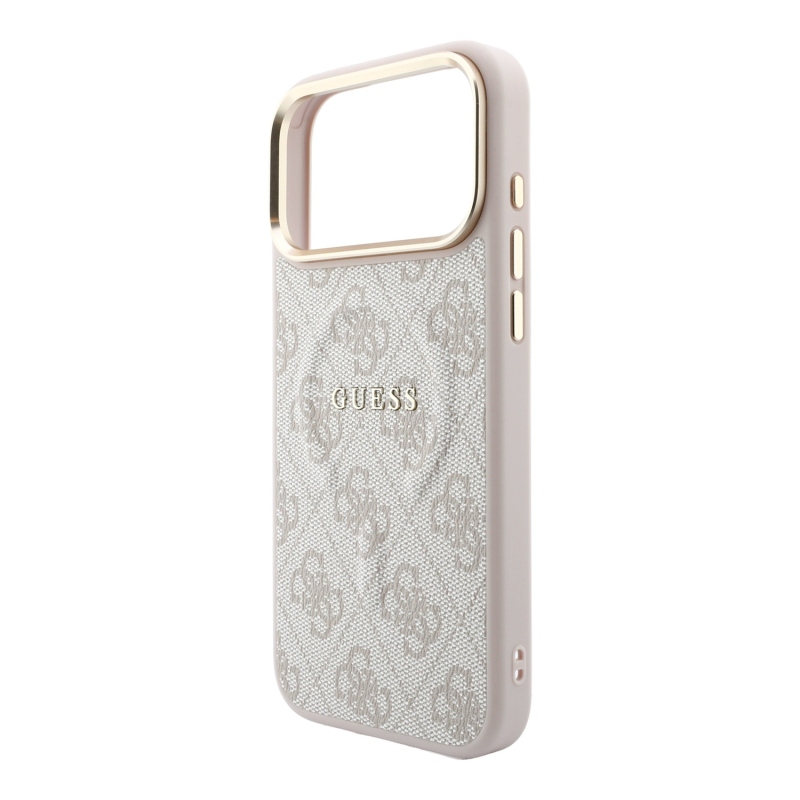 Guess PU bőr 4G aranykeretes, dombornyomott MagSafe hátsó tok iPhone 18 Pro-hoz, rózsaszín