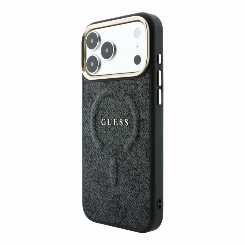 Guess PU bőr 4G aranykeretes, dombornyomott MagSafe hátsó tok iPhone 18 Pro-hoz, fekete