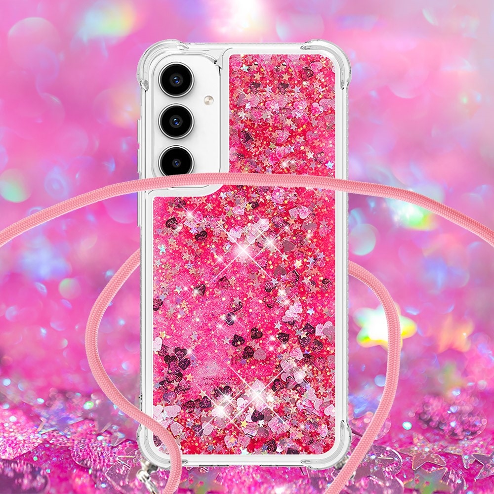 Csillogó homokóra zselés tok húzózsinórral Samsung Galaxy A36 5G - rózsaszín/szív