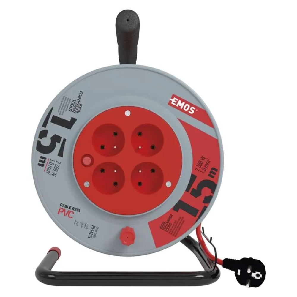 Hosszabbító kábel dobon 15 m / 4 aljzat / piros / PVC / 230 V / 1 mm2