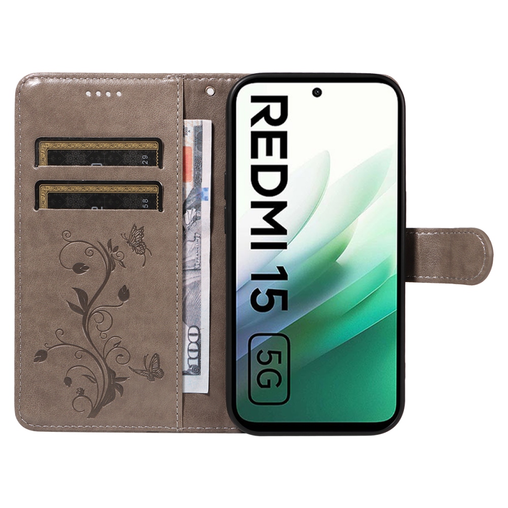 Virágok könyv tok Xiaomi Redmi 15 5G (169mm) - szürke