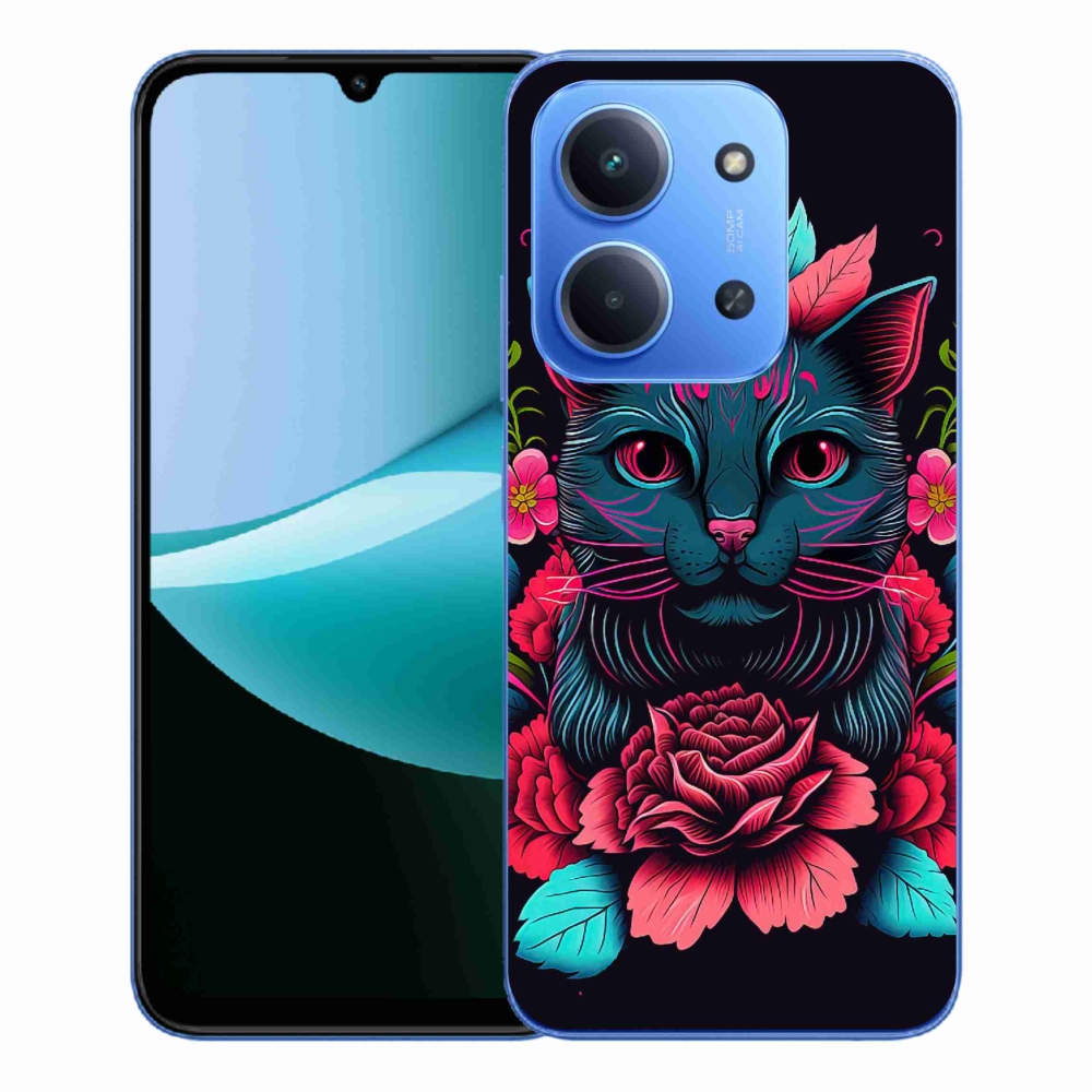 Gél borító mmCase a Xiaomi Redmi 15C 4G/5G (173mm) - virágok és macska