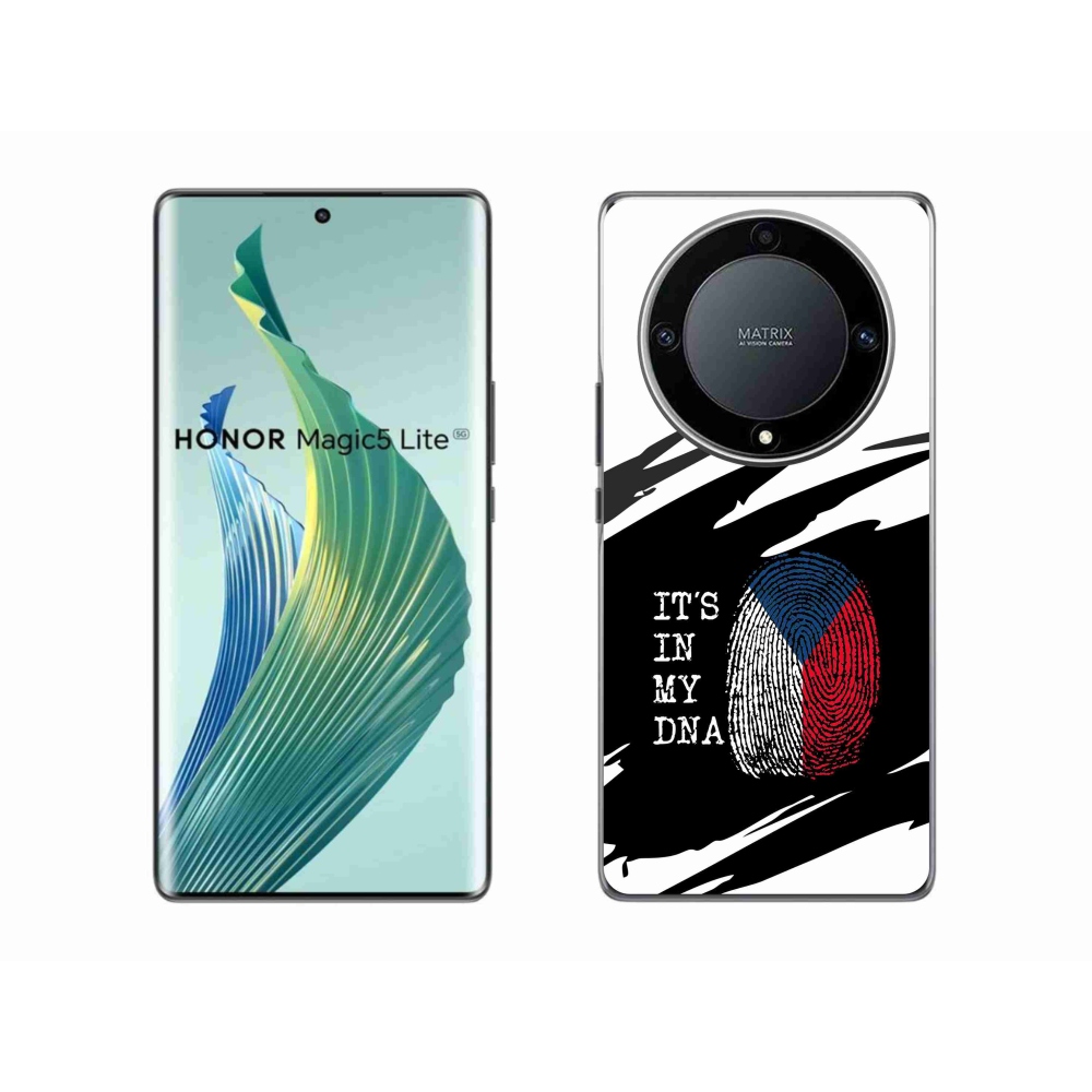 Gél borító mmCase a Honor Magic 5 Lite 5G - zászlós ujjlenyomat fekete és fehér háttérrel