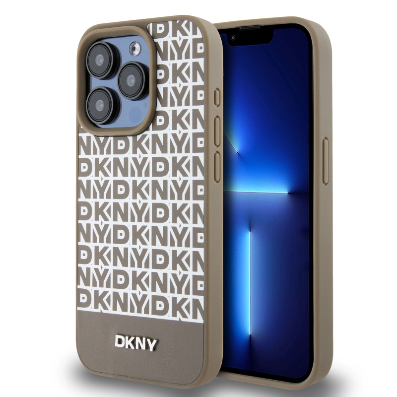 DKNY PU bőr Ismétlődő mintás alsó csík MagSafe hátlap iPhone 14 Pro barna színű iPhone 14 Pro számára
