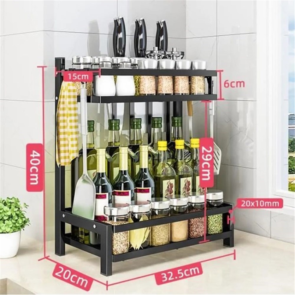 Kétszintes konyhai állvány kiegészítőknek és fűszereknek - fekete