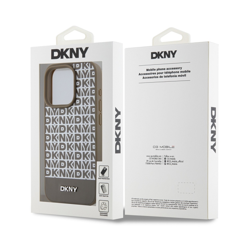 DKNY PU bőr Ismétlődő mintás alsó csík MagSafe hátlap iPhone 14 Pro barna színű iPhone 14 Pro számára