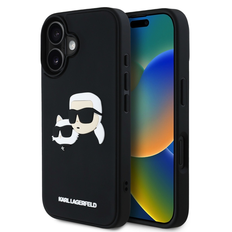 Karl Lagerfeld 3D gumiból készült duplafejű hátlap iPhone 16-hoz Fekete
