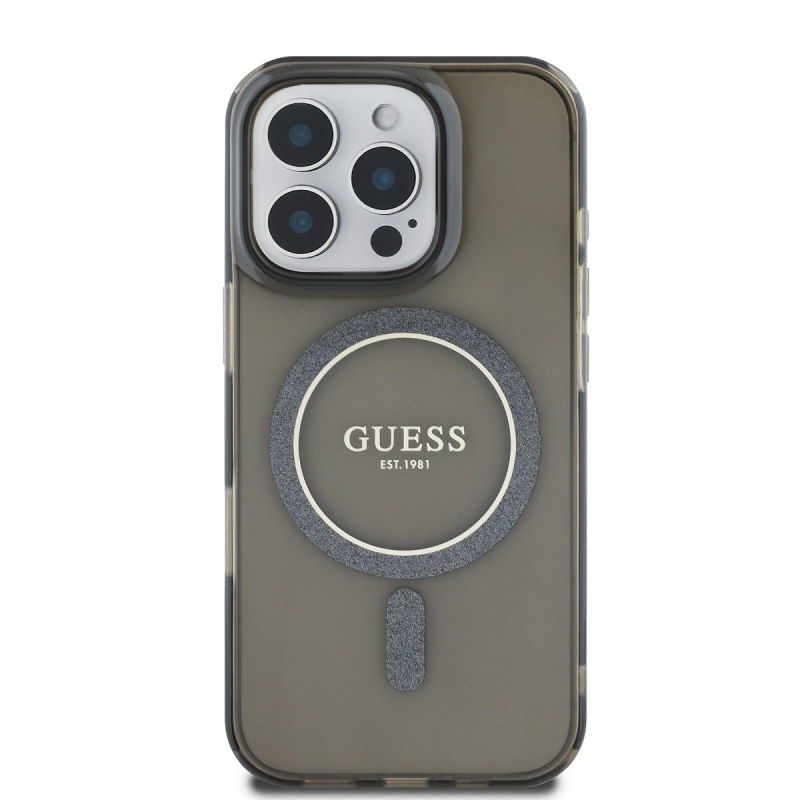 Guess IML Glitter Ring MagSafe hátlap iPhone 16 Pro Fekete