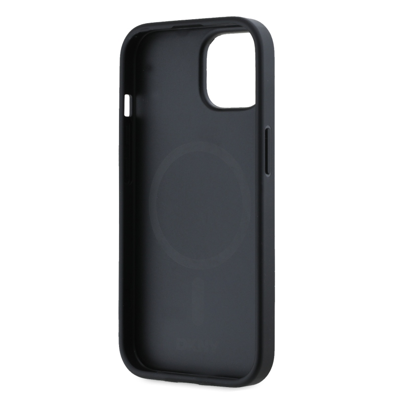 DKNY PU bőr ezüst fém logó Magsafe hátlap iPhone 15 Fekete