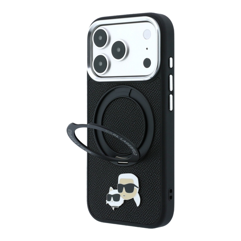 Karl Lagerfeld PU Grained K&CH Heads Ring Stand Magsafe hátsó tok iPhone 18 Pro-hoz, fekete