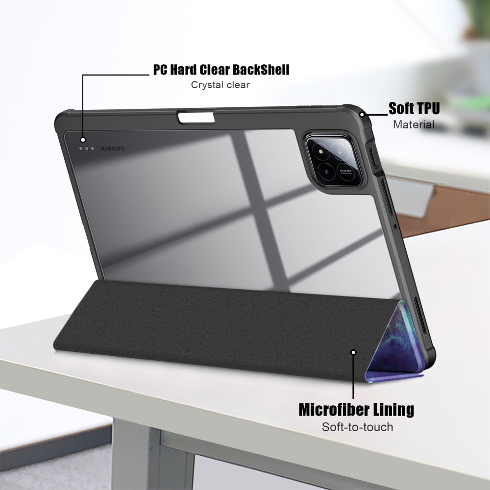 Mintás intelligens pozicionáló tok átlátszó hátlappal Xiaomi Pad 7/7 Pro tablethez - univerzum