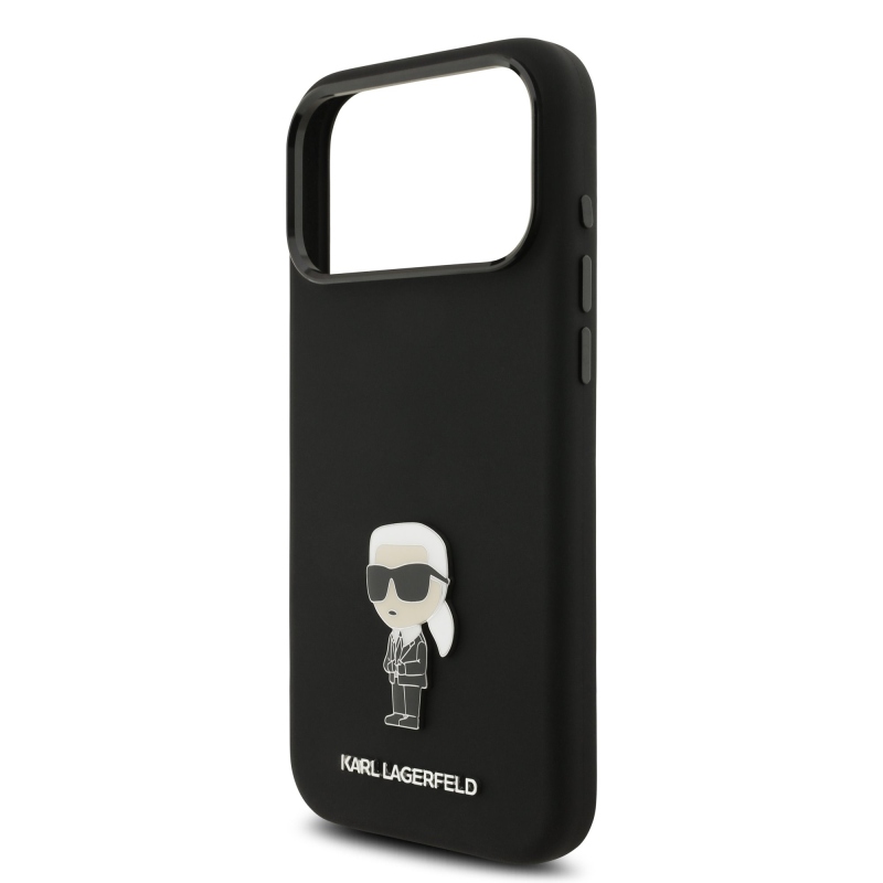 Karl Lagerfeld Folyékony szilikon fém Ikonik hátlap iPhone 17 Pro Max-hoz Fekete