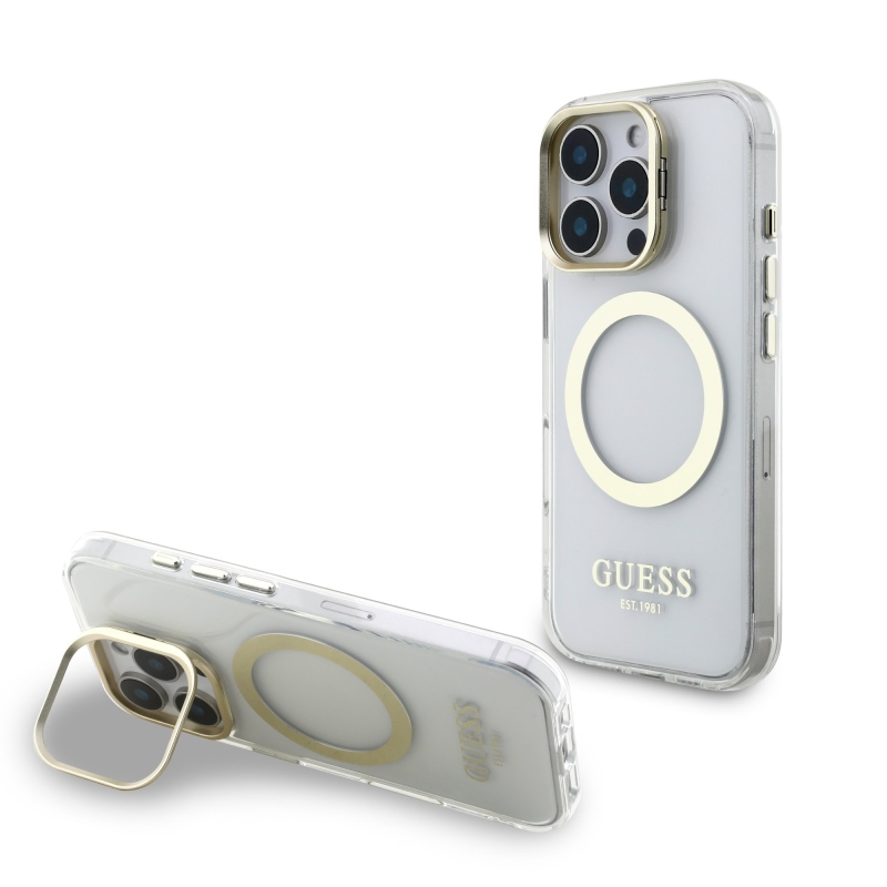 Guess IML Gold Outline Stand Kamera keret MagSafe hátlapi borító iPhone 16 Pro átlátszóhoz