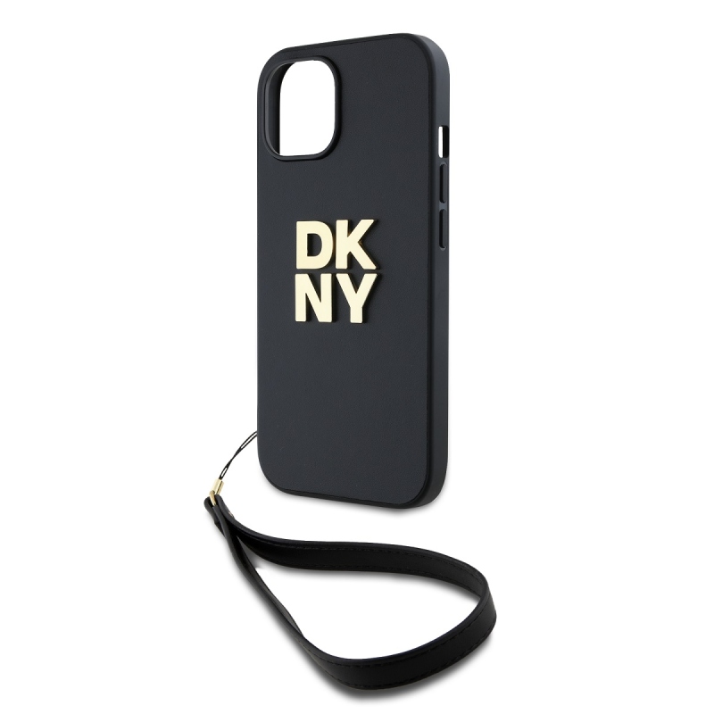 DKNY PU bőr Stack Logo csuklópánt hátlapi borító iPhone 14 Fekete