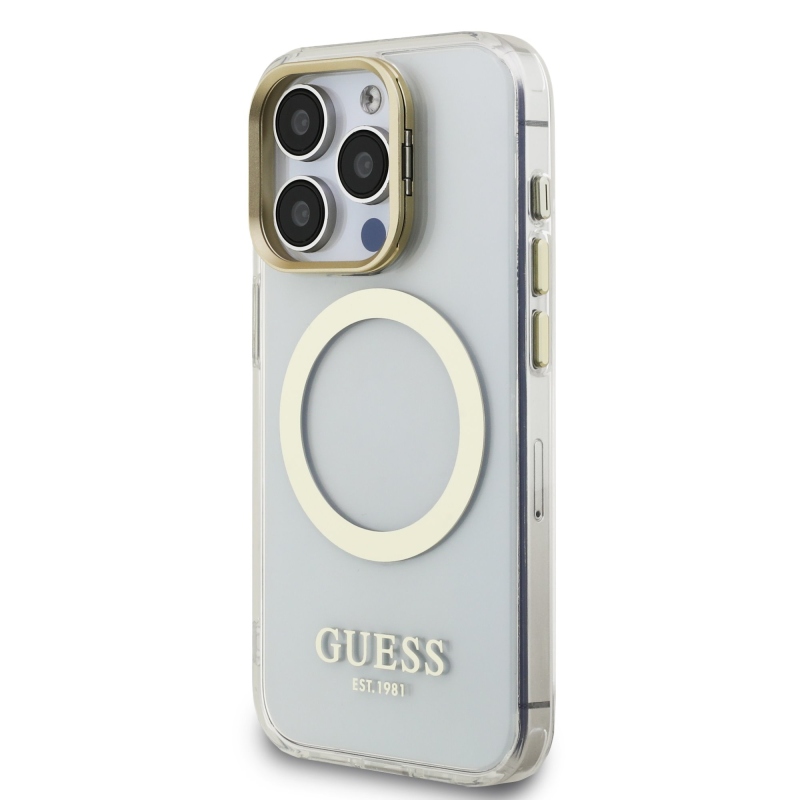 Guess IML Gold Outline Stand Kamera keret MagSafe hátlapi borító iPhone 15 Pro Max átlátszóhoz