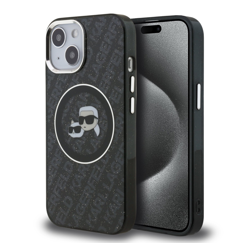 Karl Lagerfeld IML K&CH Heads Ismételt logó MagSafe hátlapi borító iPhone 15-hez Fekete