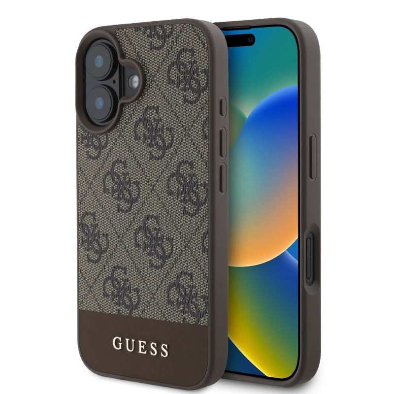 Guess PU 4G csíkos hátlap iPhone 16-hoz Barna