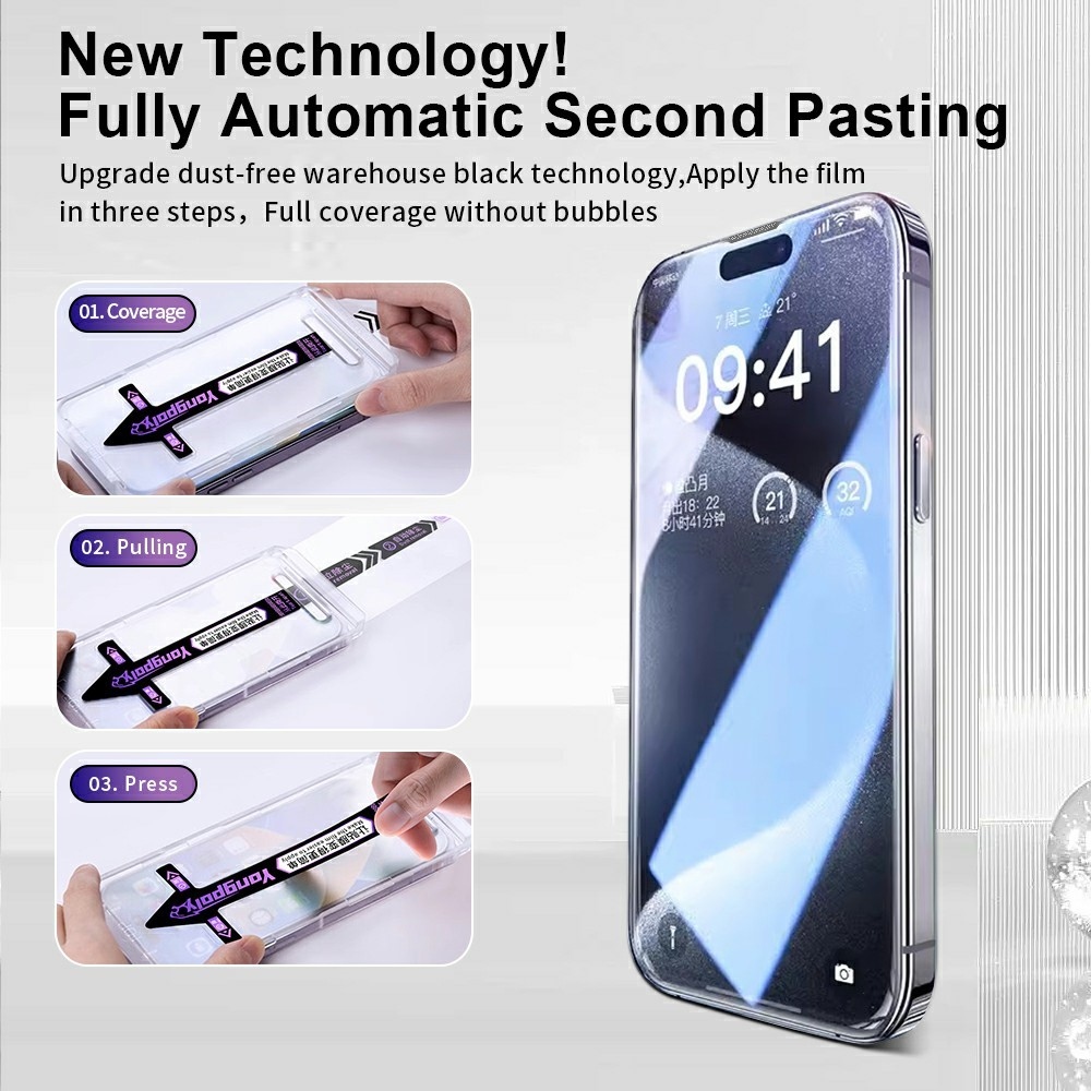 YONG teljes felületű edzett üveg az iPhone 18 Pro Max/17 Pro Max okostelefonhoz, felszerelési kerettel