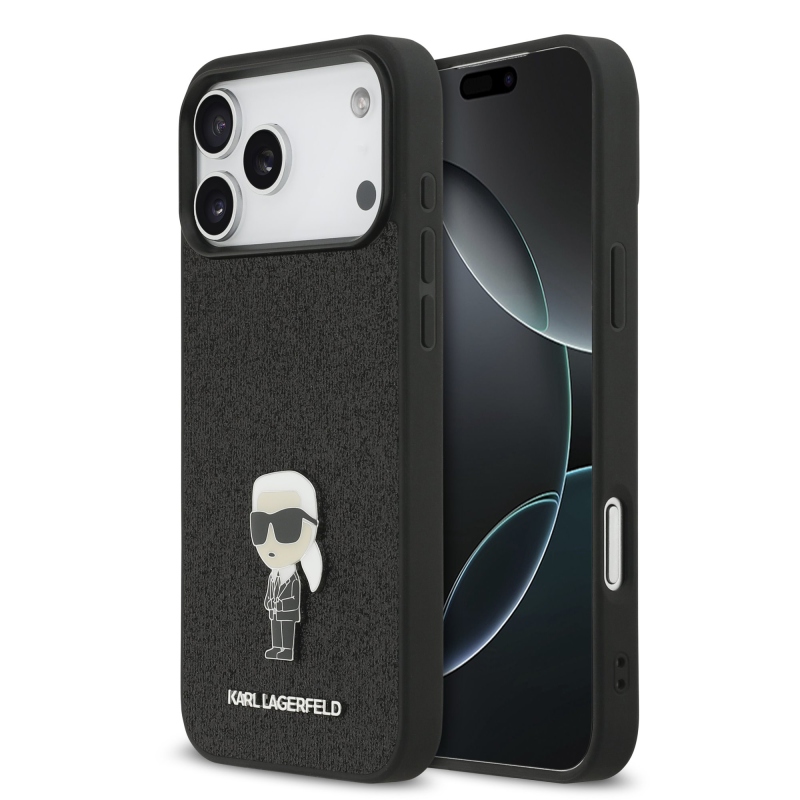 Karl Lagerfeld Fixed Csillámos Metál Ikonik Hátlap iPhone 17 Pro Maxhoz, fekete