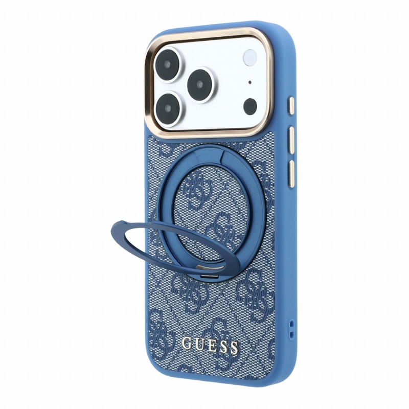 Guess PU 4G Ring Stand MagSafe hátsó tok iPhone 18 Pro Max-hoz, kék