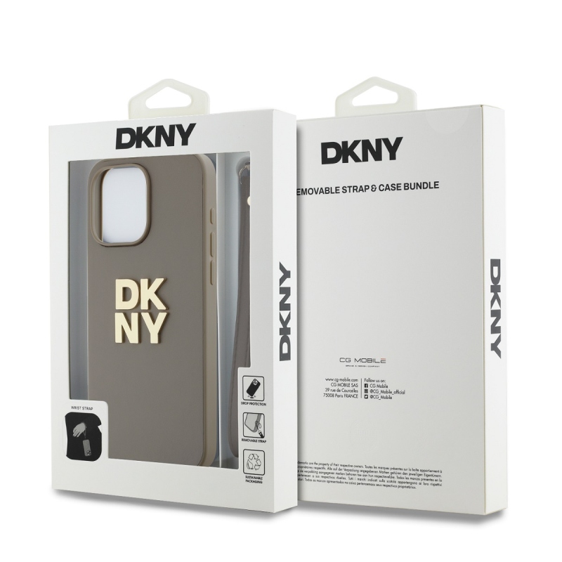 DKNY PU bőr Stack Logo csuklópánt hátlapi borító iPhone 14 Pro Max bézs színűre
