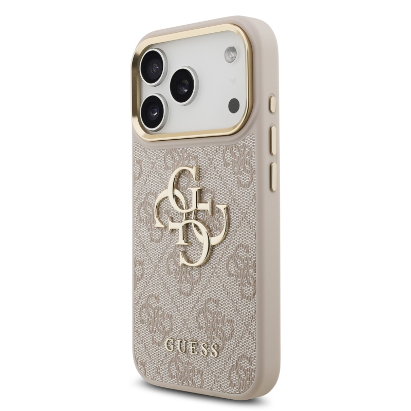 Guess PU bőr 4G fém logós, arany keretes hátsó tok iPhone 18 Pro-hoz, rózsaszín